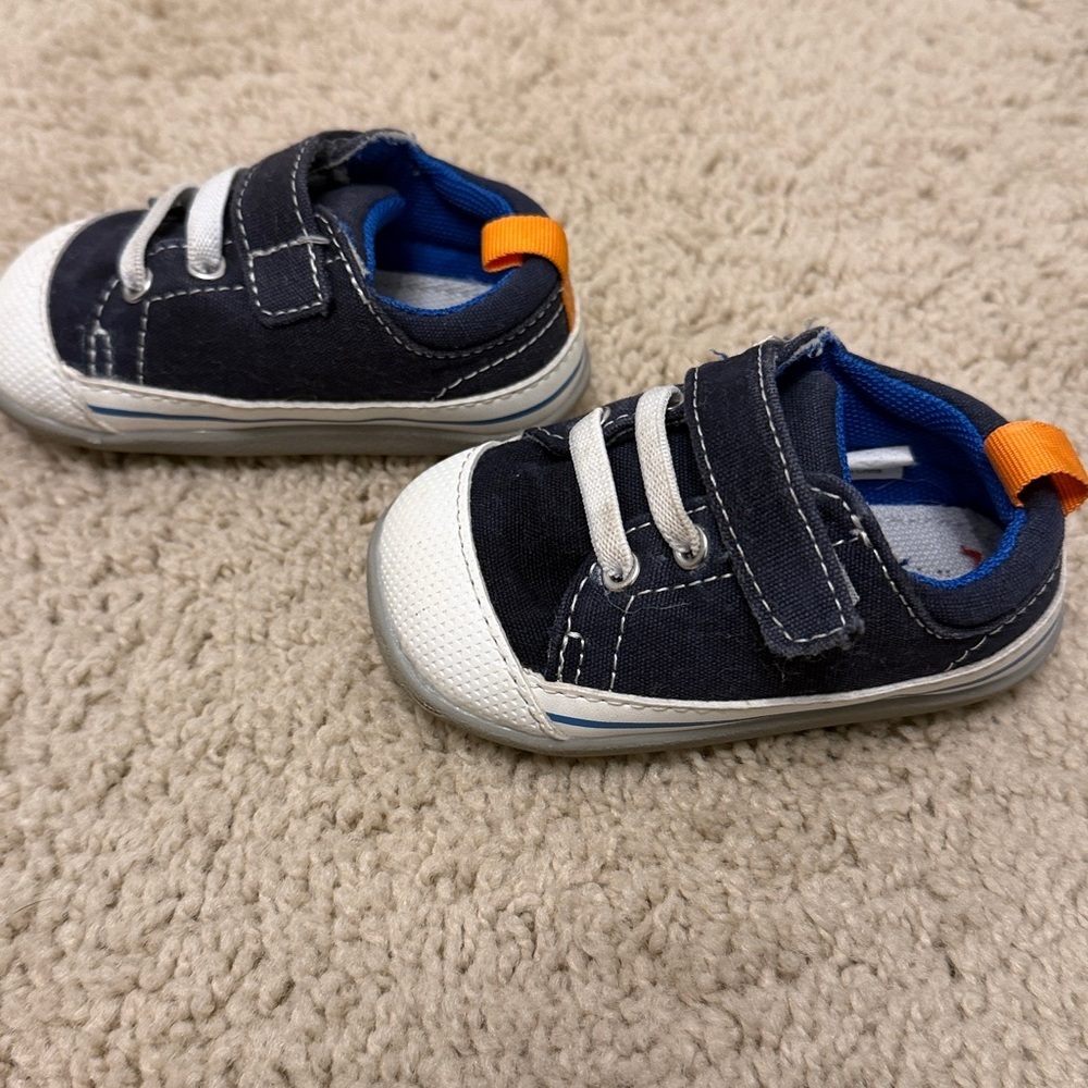 Navy and White Baby Shoes with Orange Accent - Picture 2 of 5